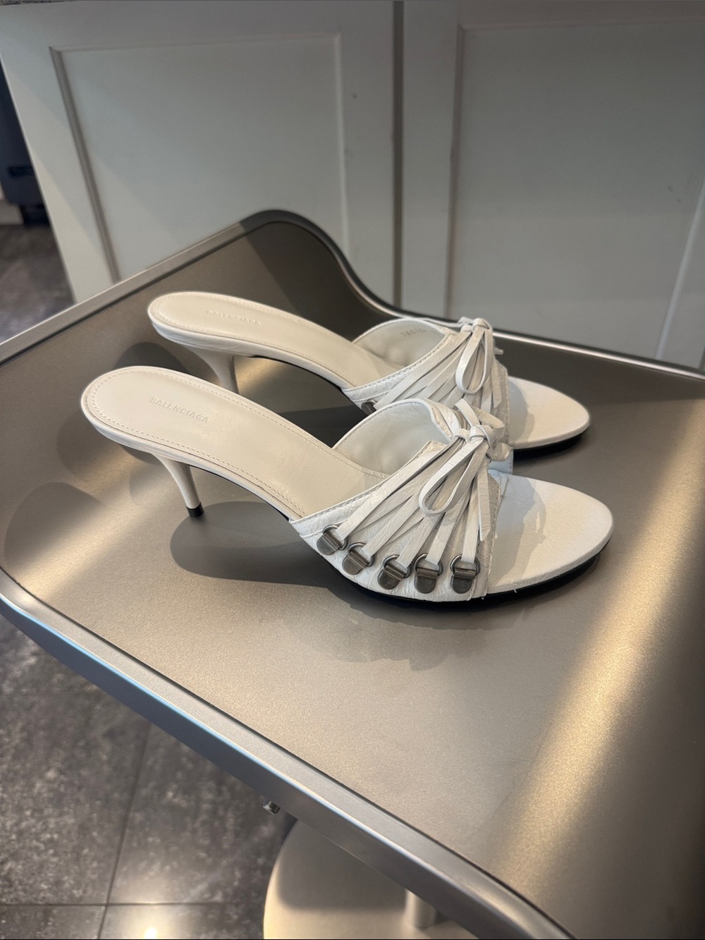 NIB Balenciaga Cagole White Knotted Strappy Mule Heels